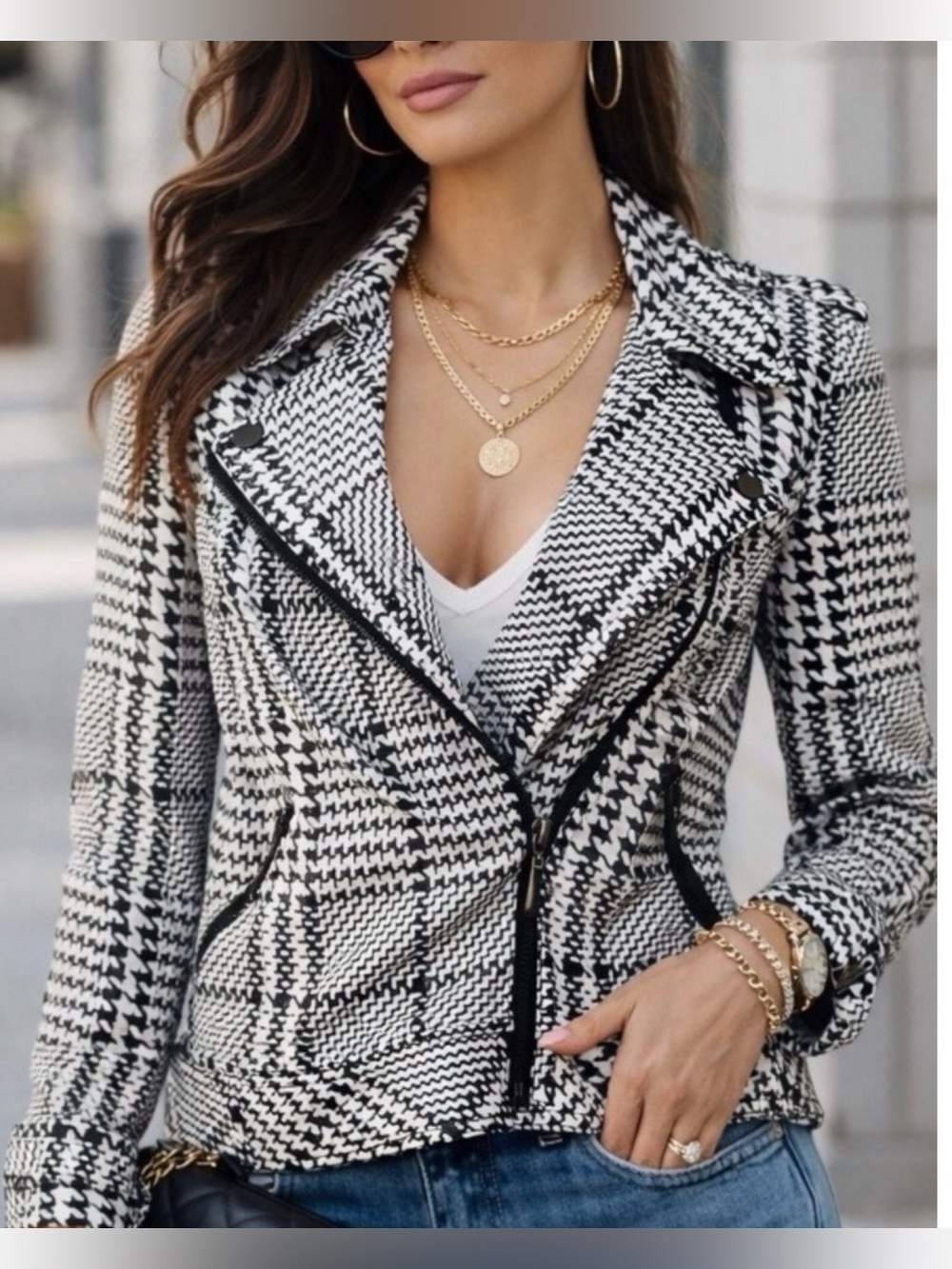 White House Black Market Printed Plaid Moto Jacket